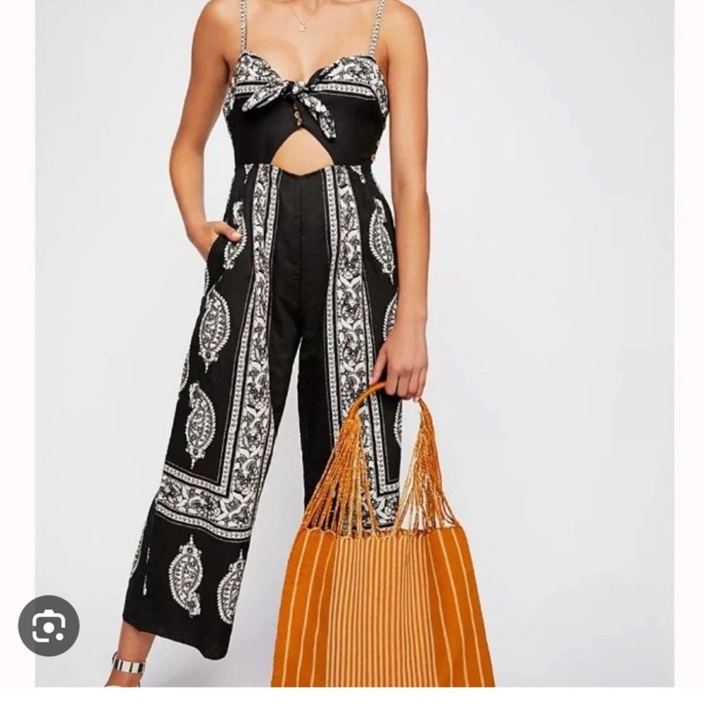 Free People Black Paisley Wide Leg Cut Out Jumpsuit. Size 4.